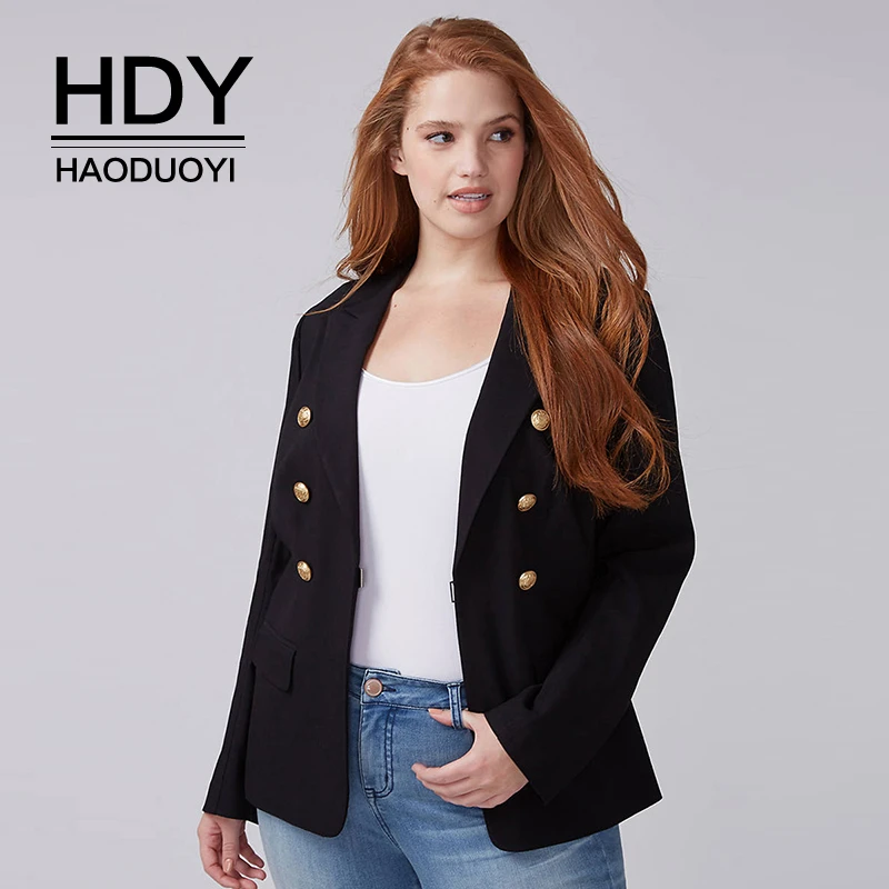 

HDY Haoduoyi Large Size Women Clothing Suit Autumn New Arrival Retro Fashion Double Row Buttons Simple Style Black Slim