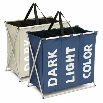

X Shape Folding Laundry Basket With Handle Collapsible 3 Section Waterproof Laundry Hamper Dirty Clothes Organizer Sorter Bag