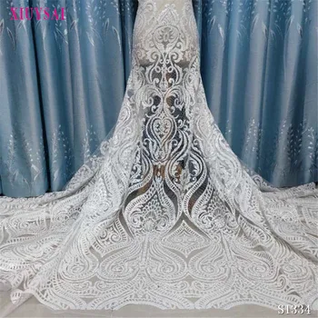 

High End Off white Afrian French Embroideried Sequins Tulle mesh African lace fabric for wedding bridal gown dress DIY sewing