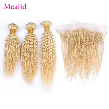 

Mealid Blonde Hair Bundles With Frontal Closure 613 Colored Brazilian Kinky Curly Remy Human Hair Bundles With Frontal