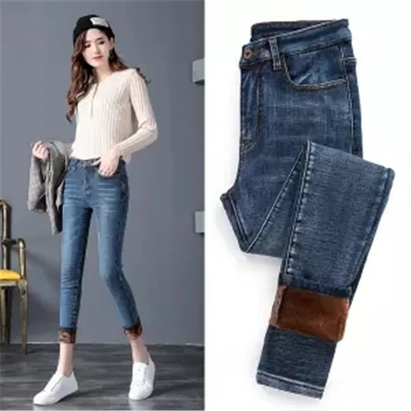 Brown Retro blue Зимние винтажные фиолетовые бархатные женские джинсы деним черные джинсы больших размеров с высокой талией корейские обтягивающие эластичные брюки-карандаш - Цвет: Brown Retro blue
