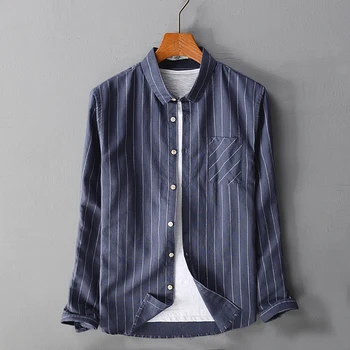 

Linen Shirt Men Summer Chinese Style Shirt Dark Blue and White Stripe Long Sleeve Casual Dress Shirt For Men