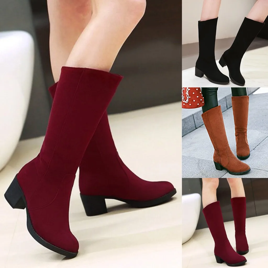 Winter Warm Knee High Boots Womens Snow Boots High Heels Side Zipper Female Shoes Thick High Heel botines Large Size Shoe#1025