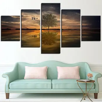 

5 Pieces Alone Tree Canvas Painting Lonely Wallpapers Landscape Posters Mirror Abstract Picture For Home Living Room Decor Art