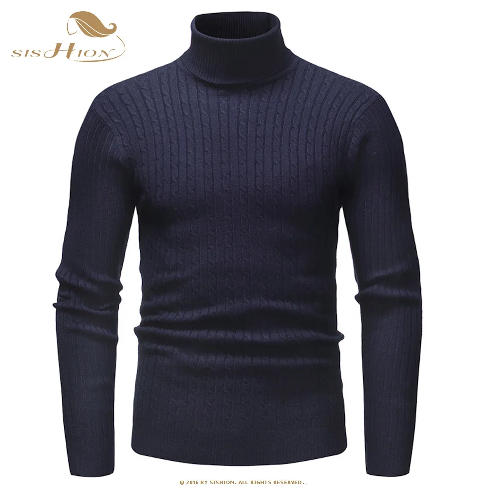 SISHION Autumn Warm Turtleneck Sweater Men Fashion Solid Knitted Mens Sweaters QY0336 Casual Men Slim Pullover - Цвет: Navy-Blue