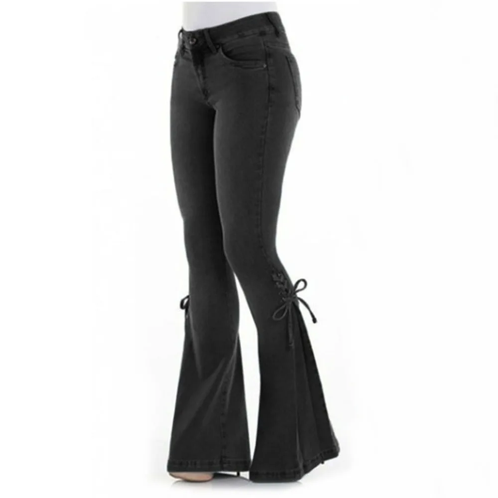 Black Middle Waist Bell Bottom Jeans Size XS-4XL Denim Pants Autumn Ladies Loose And Casual HOT SALE New Fashion Pants O9 - Цвет: Black