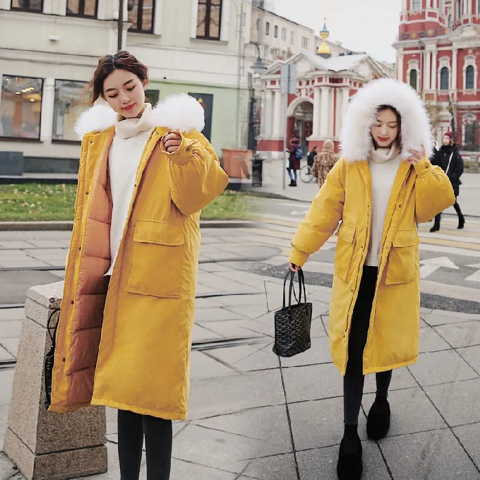 Пуховик для фотосессии, женский,, зимний, корейский стиль, длинный, свободный, для студентов, BF, с хлопковой подкладкой, одежда выше колена, персиковый Sk