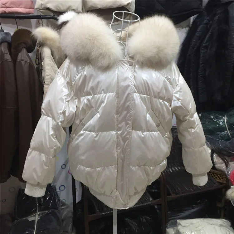 Женский пуховик из лакированной кожи в Корейском стиле, новинка, короткий большой Лисий мех, яркая поверхность, сердце, бабочка