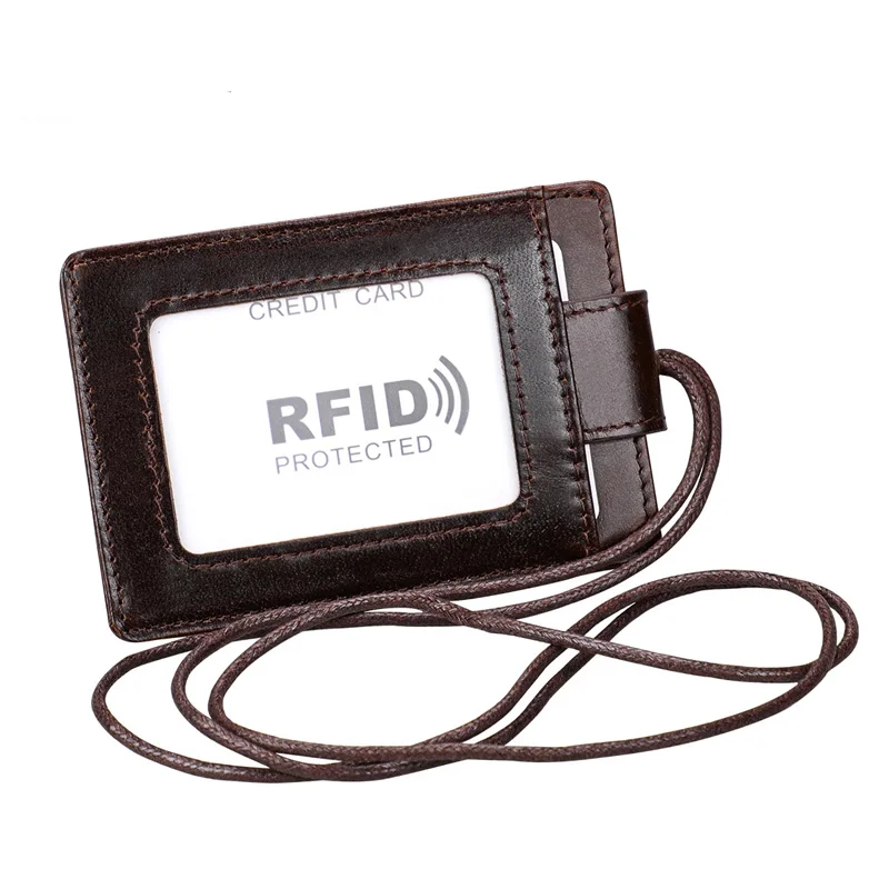 Держатель для Id карты из натуральной кожи с ремешком, RFID блокирующий Чехол для карт, нагрудный держатель для карт, студенческий держатель для карт - Цвет: Кофе