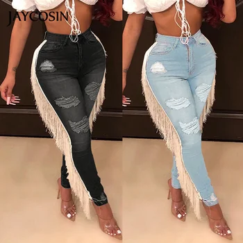 

JAYCOSIN Women's Jeans High Waist Hole Tassel Trousers Button Zipper Pocket Denim Sexy Skinny Pants Stretch Female Hot Selling J
