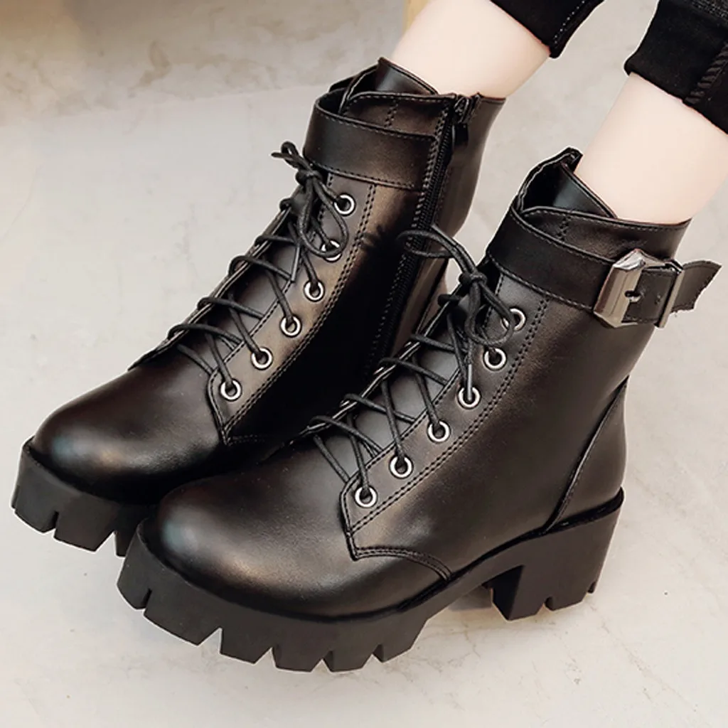 Botas militares sexys para mujer, botas cortas de estilo gótico de Botines  de Cuero negro con cordones y tacón bajo para otoño, botas de alta calidad  # G7|Botas hasta el tobillo| -