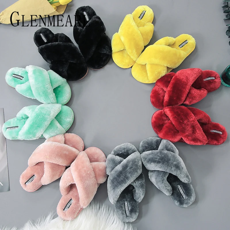 Women Slippers Indoor Shoes Winter Soft Home Slippers Plush Warm Non-slip Fur Shoes Flat Casual Female