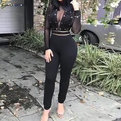 Для женщин Sheer Mesh ушко на шнуровке с длинным рукавом Комбинезоны для женщин Тощий Sexy & Club See Through черный Новые тенденции облегающие