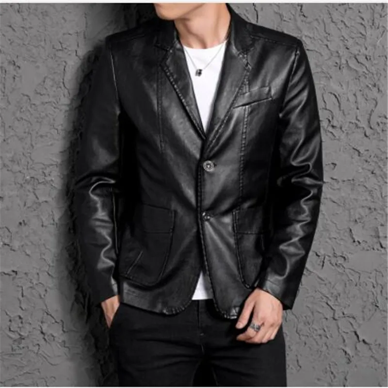 Men Leather Blazer Sheepskin New Spring And Autumn Fashion Male Suit Genuine Leather Coat Slim Pocket Teenage Boy
