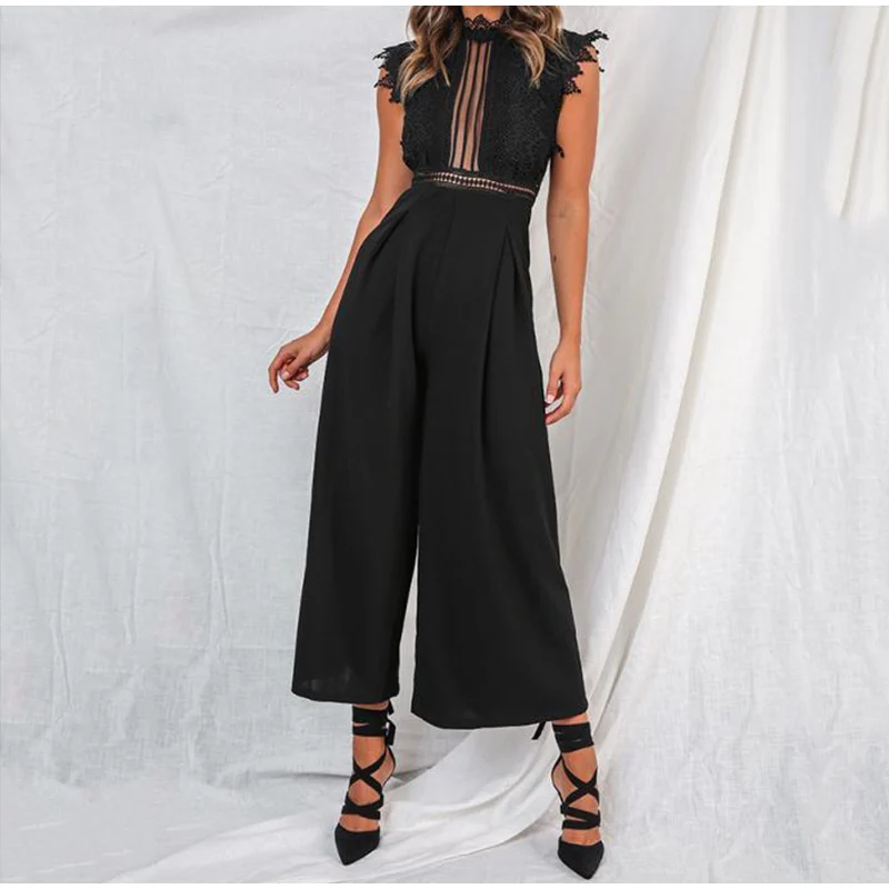 Sexy Lace Hollow Out Women's Jumpsuit Rompers Sleeveless Backless Black White Overalls 2020 Summer Wide Leg Ruffles Playsuits |