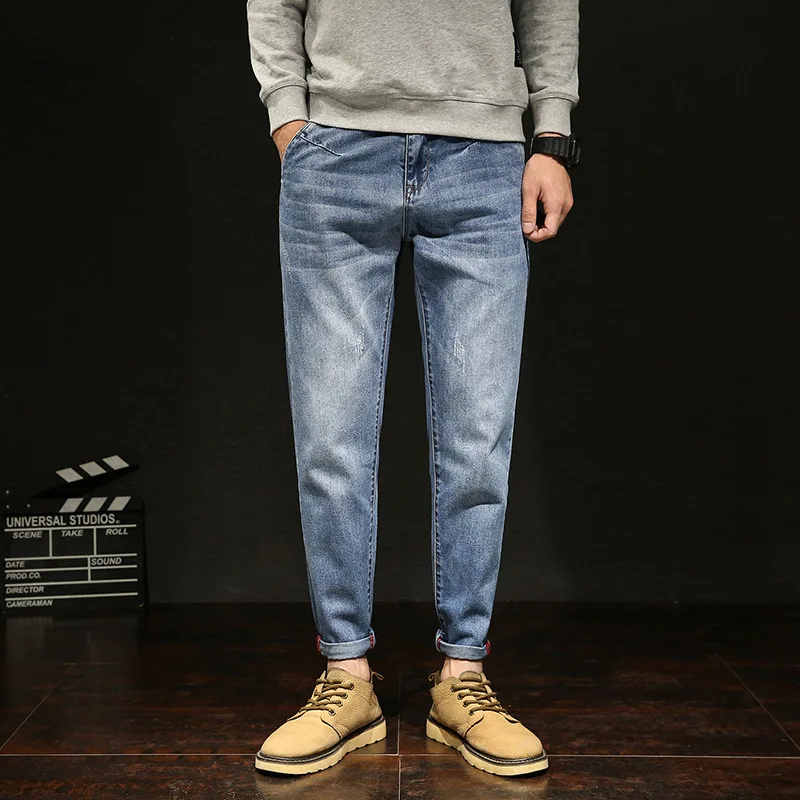 Мужские свободные джинсы с карманами однотонные повседневные длиной до