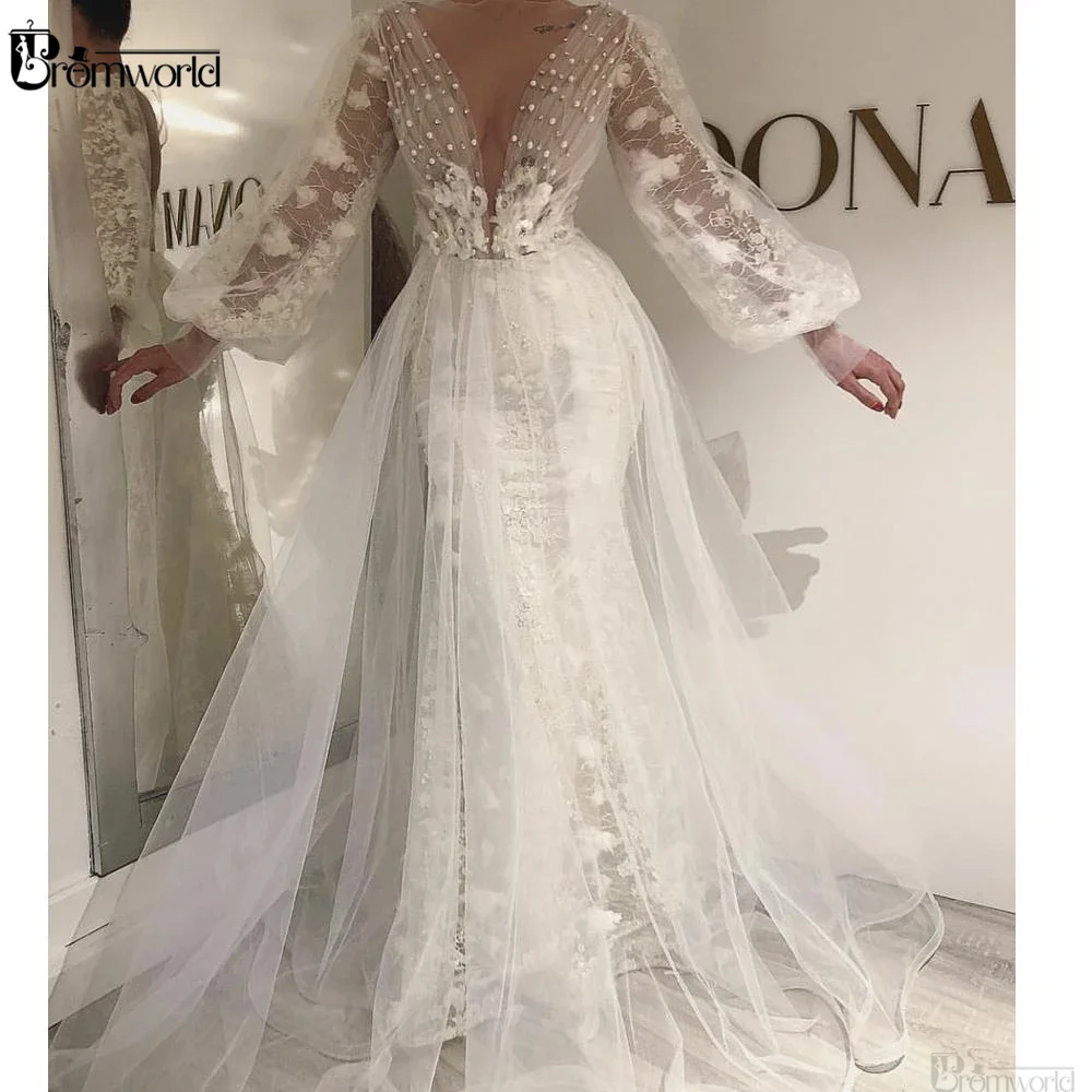 Сексуальное Белое платье для выпускного вечера с v-образным вырезом,, платье русалки с длинным рукавом, вышитое бисером, с кружевной аппликацией, 3d цветы, платье для выпускного вечера, vestido de Longo, вечернее платье