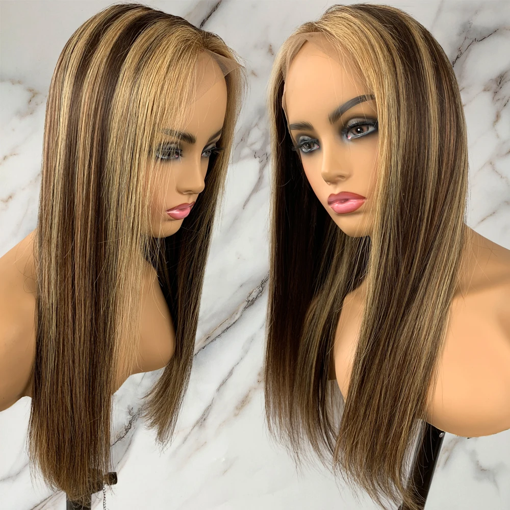 Highlight 4 27 Wig Straight Lace Front Human Hair Wigs 13x1x5 Piano Color Frontal Closure Preplucked Glue Less | Шиньоны и парики
