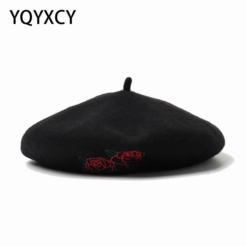 

YQYXCY Beret Women Hat Autumn Winter Embroidered Flower Woolen Beret Femme Warm Painter Cap Flat Cap Women Hats Gorras Black