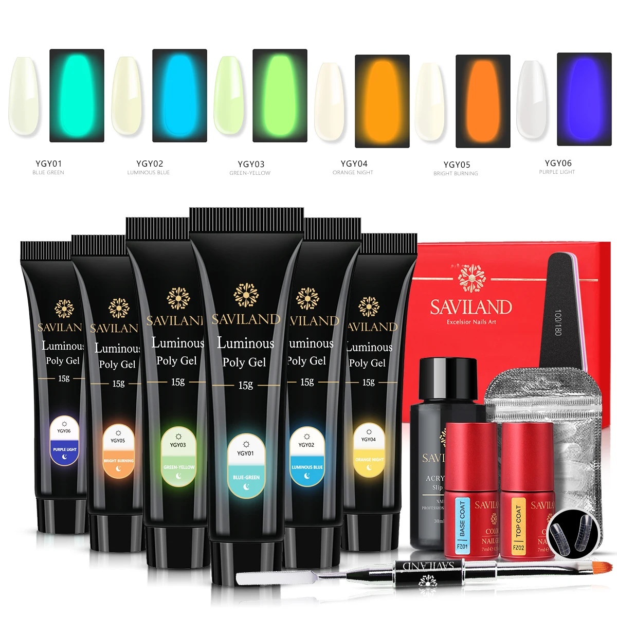 Luminous 12PCS SET SAVILAND цветной полигелевый набор, французский дизайн ногтей, камуфляж, удлинение пальцев, быстрое наращивание ногтей, твердый гель, полигелевый набор для ногтей - Цвет: Luminous 12PCS SET