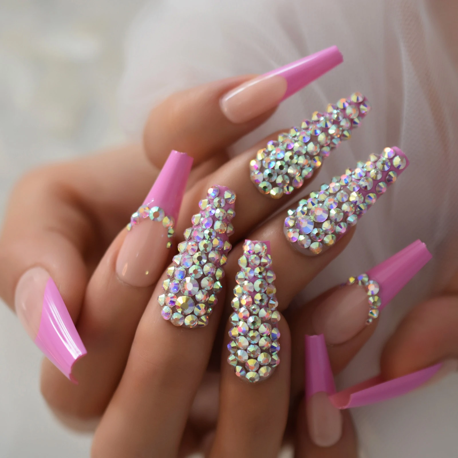 Luxury 3d Ab Crystal Rhinestone Diamond French Coffin False Nails Glossy  Pink Nude Super Long Uv Fake Ballet Nail Reusable Wear - False Nails -  AliExpress