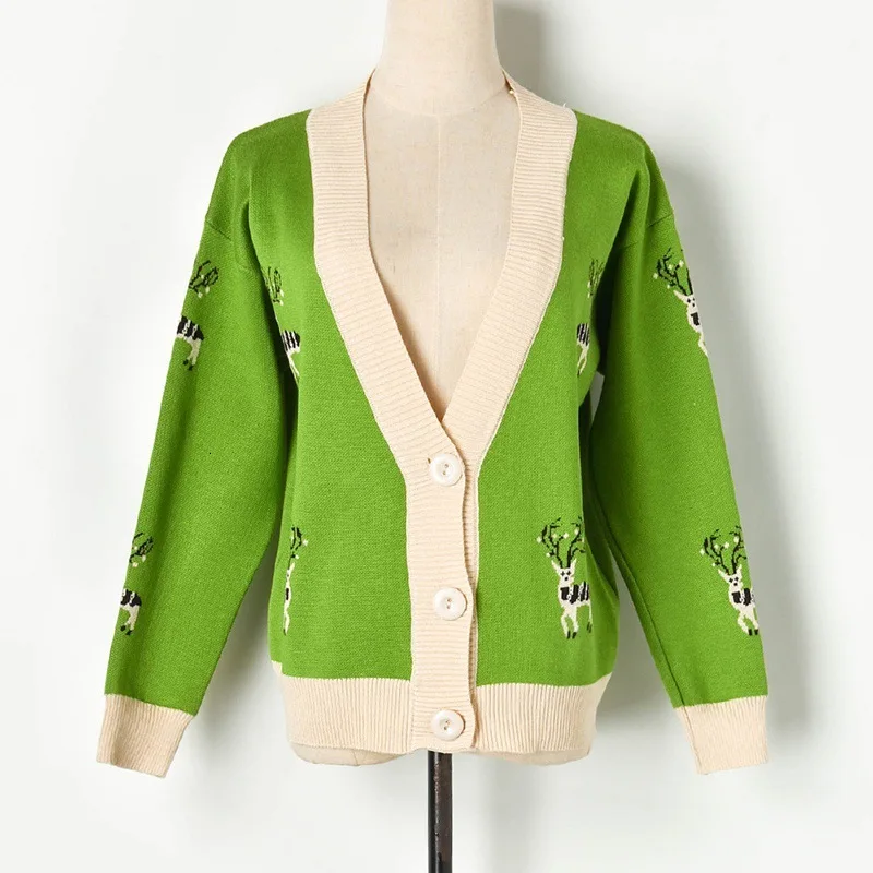 Green (Elk) cardigan Новое поступление хит цвет жаккард переплетение Милу вязание кардиган Свободное пальто женщина G90819 - Цвет: Green (Elk) cardigan