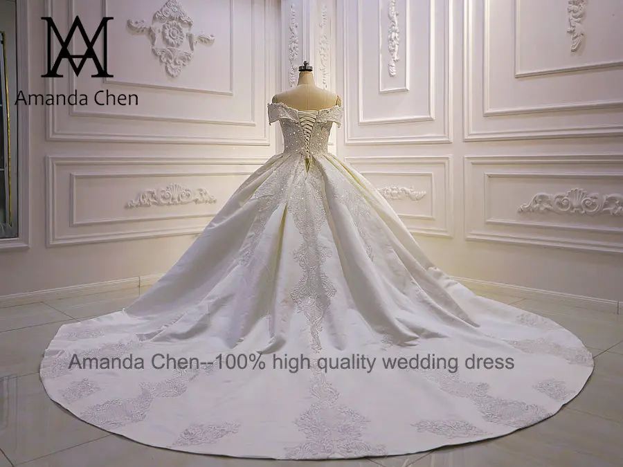 abiti da sposa Off Shoulder Lace Appliques Satin Wedding Dress