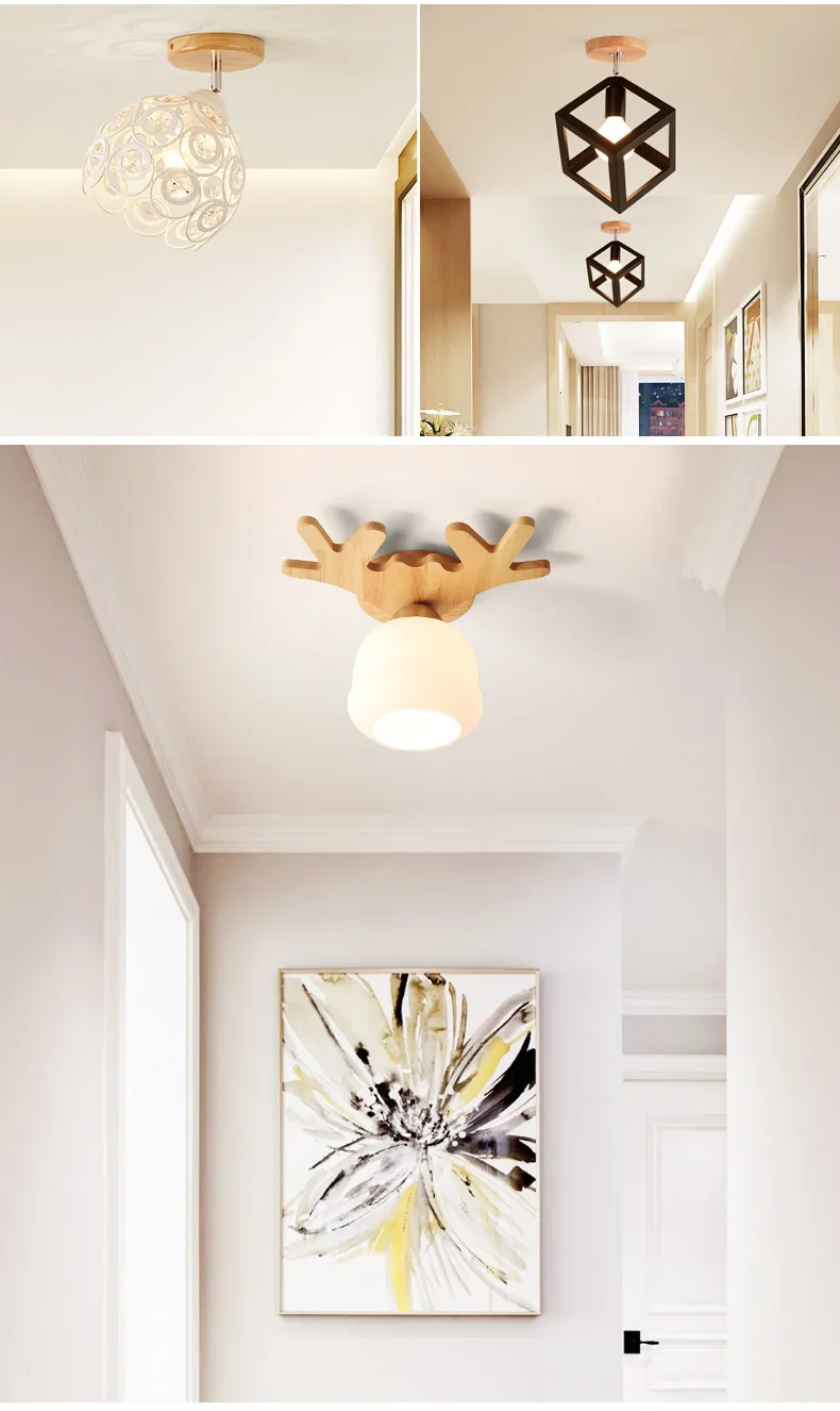 Монтируемый современный светодиодный потолочный светильник, черный и деревянный и белый, для крыльца E27, держатель лампы, потолочный светильник для гостиной, спальни, лампа