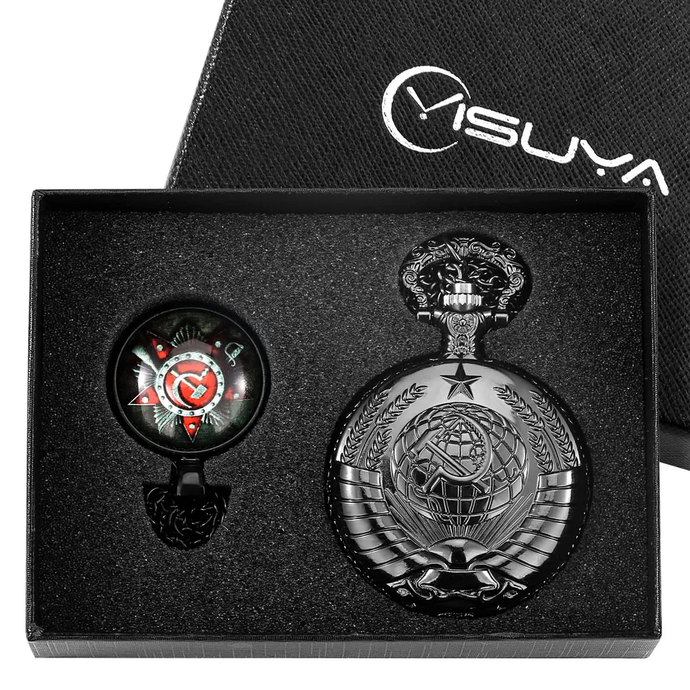 Steampunk Pocket Watch Men's Vintage Black CCCP Quartz Pocket Watch Exquisite Soviet Badge Pendant Chain Necklace Gifts with Box