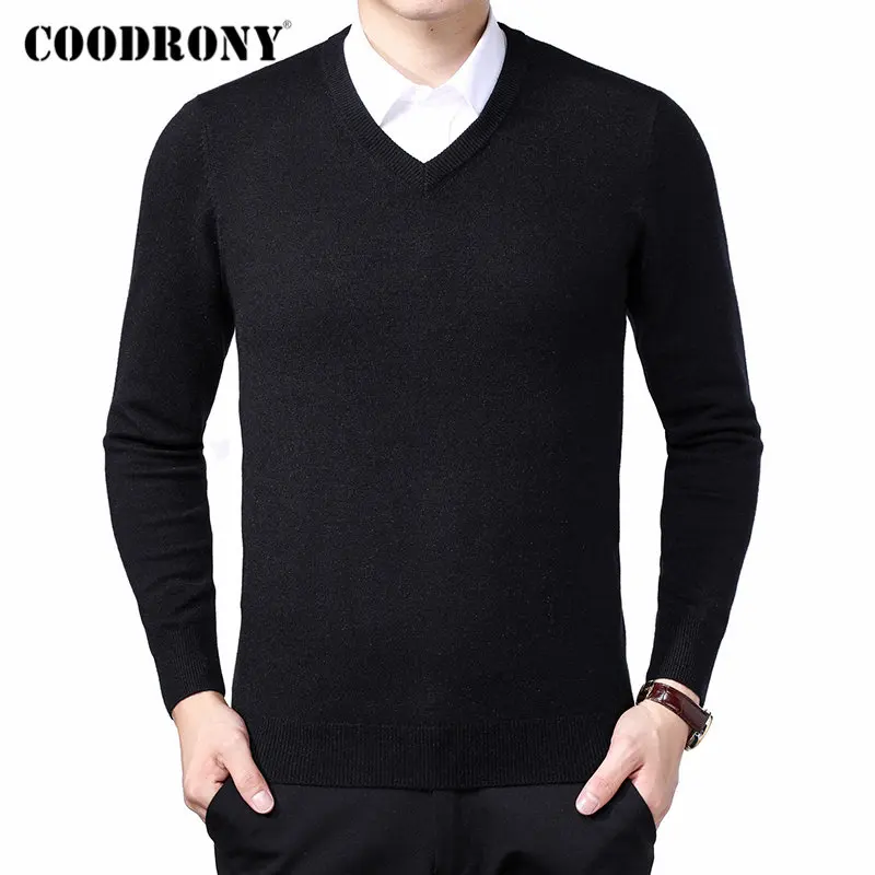 Черный Бренд COODRONY, мужской свитер, Осень-зима, толстый, теплый, для мужчин, Классический Повседневный пуловер с v-образным вырезом, мужской кашемировый шерстяной трикотаж 91110 - Цвет: Черный