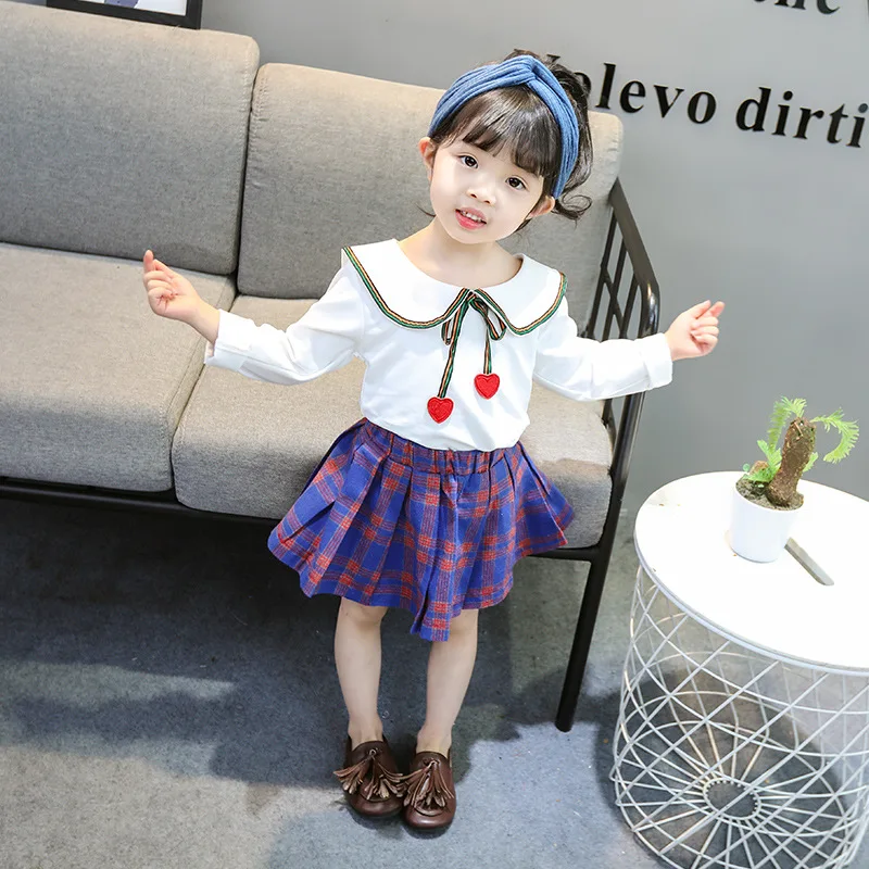 

Fashion Small CHILDREN'S Spring Clothing Plaid Skirt Set 2019 Girls Peter Pan Collar Long Sleeve Two-Piece Set CHILDREN'S Suit