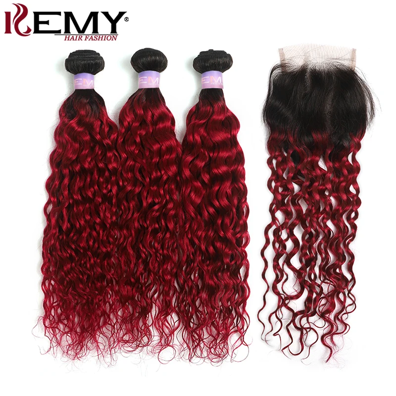

1B/99J Burgundy Brazilian Water Wave Human Hair Bundles With Lace Closure 4x4 Ombre Red Hair Weave Extension Non-Remy KEMY HAIR
