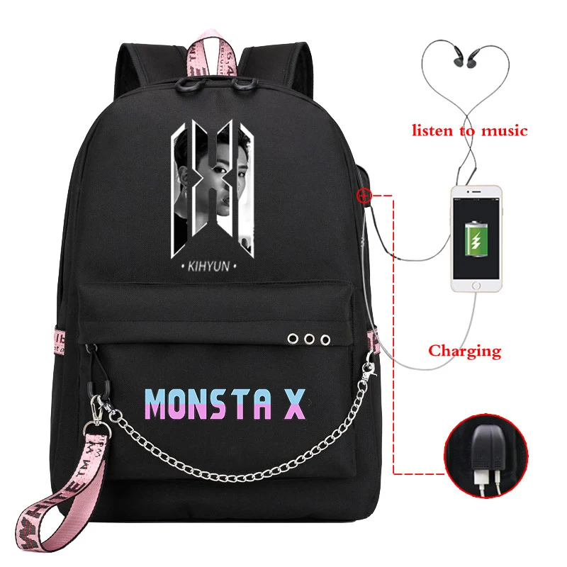 Mochila MONSTA X Рюкзак KPOP Bookbag школьные сумки для девочек-подростков женский рюкзак Usb зарядка Рюкзак для ноутбука рюкзак для путешествий - Цвет: 810-JX-MONSTA 15
