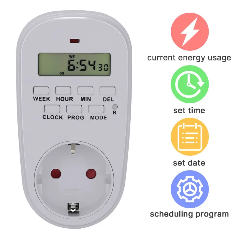 

1PCS 230VAdjustable Programmable Setting of Clock/ On/ Off Time Digital Timer Switch Energy Saving Smart Power Socket EU/US Plug