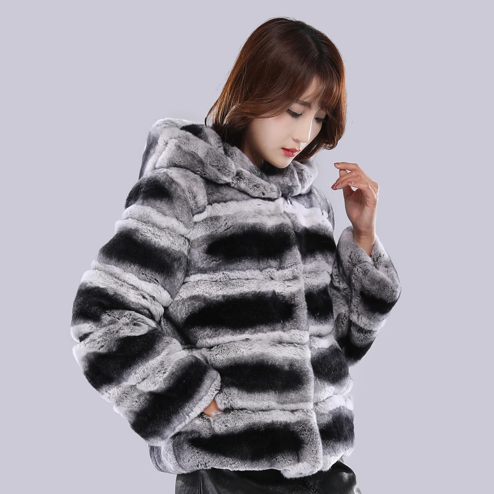 Female chinchilla fur outerwear women winter thick warm real rex rabbit fur jacket with hooded striped lovely brand