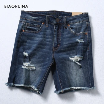 

BIAORUINA Women's Wild Washing Bleached Hole Casual Denim Short Female High Waist Summer Fashion Shorts Plus Size