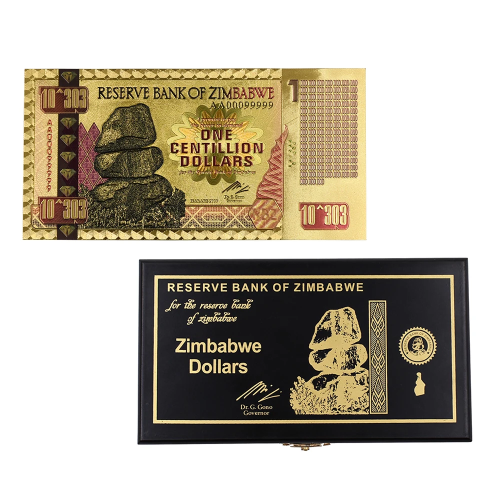

One Centillion Dollars Zimbabwe Gold Banknotes Fake Money Bills 24k Gold Foil Banknote with Box for Christmas Gifts 50pcs/lot