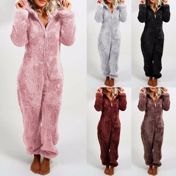 

2020 New Winter One-Piece Pajamas Women's Plus Velvet Padded Sleepwear Furry Jumpsuit Hooded Nightclothes