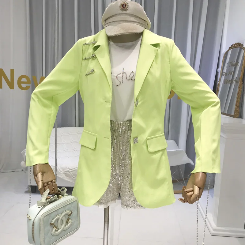 2019 Летний Новый модный костюм со стразами с воротником, однотонный повседневный костюм с длинными рукавами, куртка