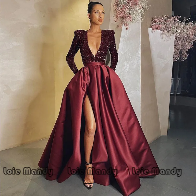 

Formal Brugundy A line Prom Dresses 2022 Elegant Long Sleeves Evening Celebrity Dress With Pocket New Plus Size Robes de soiree