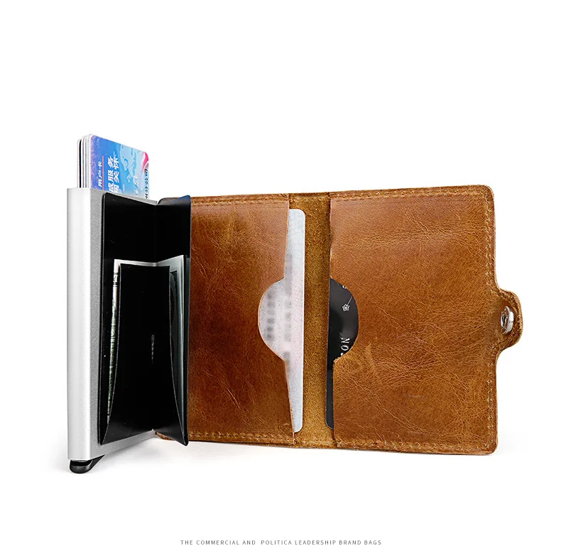 Genuine Leather Aluminum Wallet ID Card Holder RFID Blocking Mini Magic Wallet Automatic Pop Up Credit Card Coin Purse