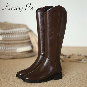 

Krazing Pot 2020 new arrival round toe med heel western boots vintage British style solid beauty lady cozy knee-high boots L70