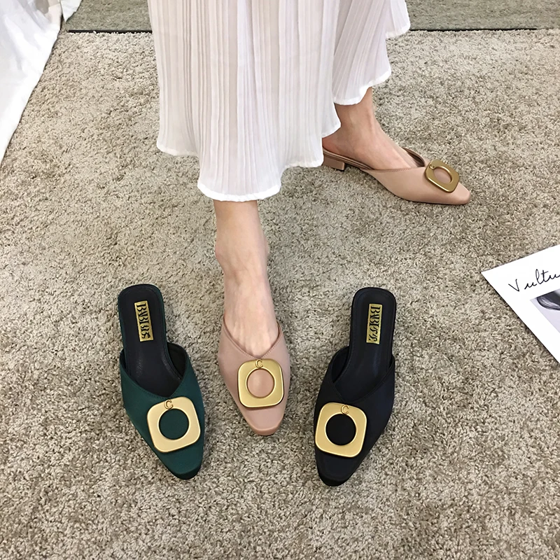 

Shoes Women Med Woman's Slippers Square Toe Luxury Slides Soft 2019 Designer Block Rubber Silk Hoof Heels Fashion Spring PU