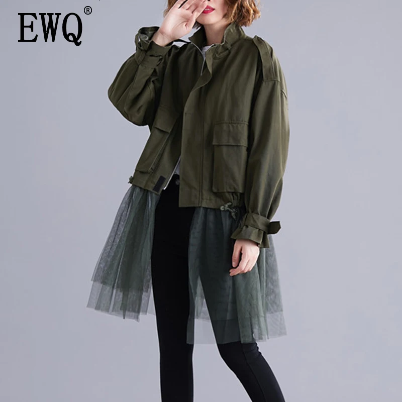 [EWQ] Весна сезон осень, со стоячим воротником с длинными рукавами, однотонные Лоскутные карманы, сетка большого размера, Винтаж жакет, женский пиджак для женщин AH531