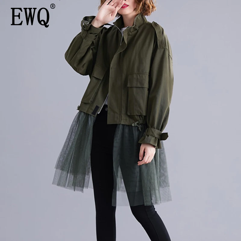 incredible  [EWQ] 2020 Spring Autumn Stand Collar Long Sleeve Solid Patchwork Pockets Mesh Large Size Vintage C