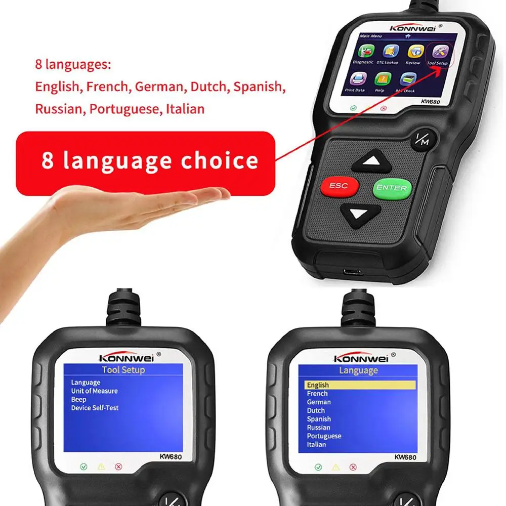KONNWEI KW680 ODB2 сканер автомобильный диагностический инструмент OBDII OBD2 ODB автоматический сканер проверка двигателя встроенный динамик поддержка восьми языков