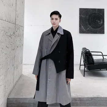 

Male Japan Korea Streetwear Vintage Jacket Men Gray Splice Black Vest Belt Loose Casual Long Trench Coat Cardigan Outerwear