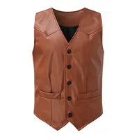 Men's Vest Retro V-neck Solid Color Pocket With Button Leather Vest For Male Casual Business Wear Tops Autumn Men v-neck Vest - Image 2