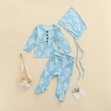Conjunto de ropa de tres piezas para bebés, niñas y niños, Tops de manga larga con estampado de Cactus a la moda, pantalones con pies y gorro