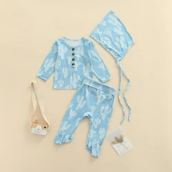 Ensemble trois pièces pour bébé fille et garçon, haut à manches longues, pantalon et chapeau, imprimé Cactus, à la mode 